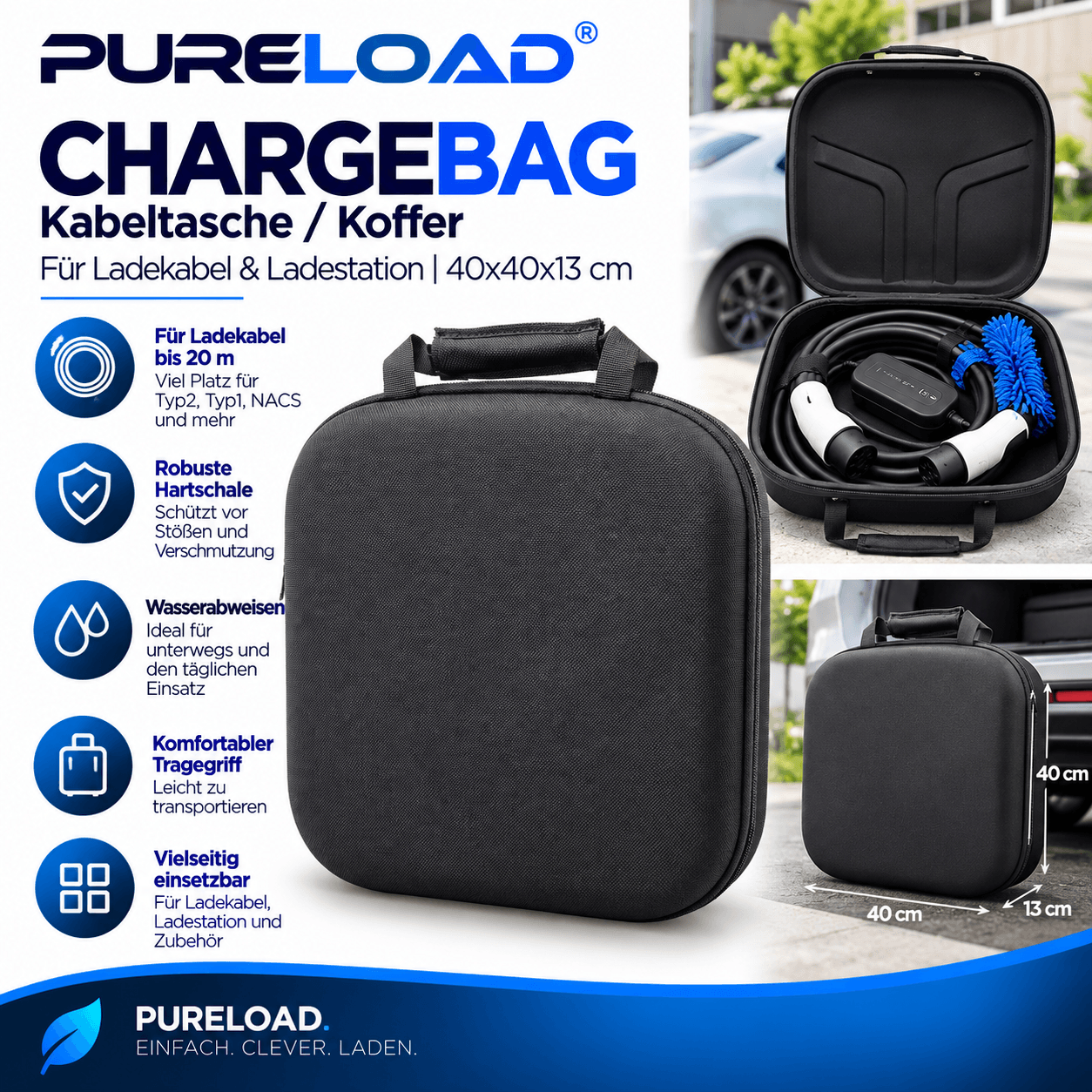 PURELOAD Chargebag | Kabeltasche/Transporttasche | 40×40×13cm | für Ladekabel bis 20m