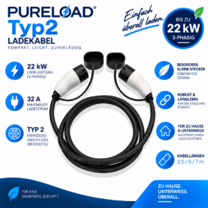 PURELOAD | Compact Ladekabel | 32A 22kW 3Phasig | Typ2 | Kleine Stecker