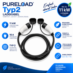 PURELOAD | Compact Ladekabel | 16A 11kW 3Phasig | Typ2 | Kleine Stecker