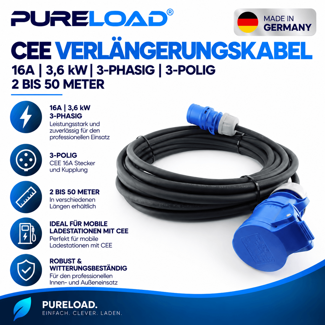 CEE Verlängerungskabel | 16A | 3,6kW | 1-Phasig | 3-Polig | 2–25m