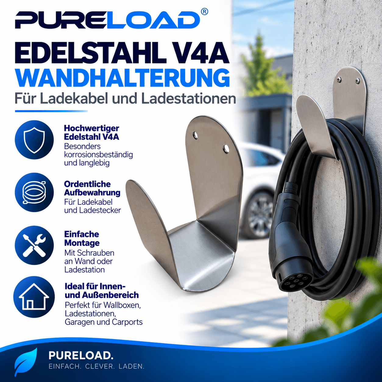Wandhalterung für Ladekabel & mobile Ladestationen | V4A Edelstahl | bis ca. 25m Kabel