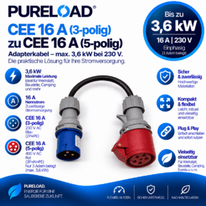 CEE 16A 3Polig zu CEE 16A 5Polig | Adapter | 16A 3,6kW