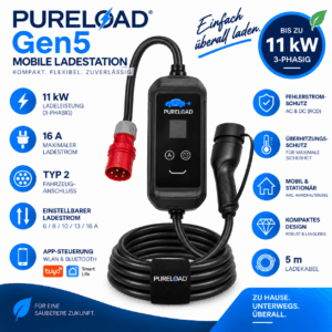 PURELOAD Gen5 | Mobile Ladestation | 16A 11kW 3Phasig | Typ2 | 5/7/10m Kabel | APP, WIFI
