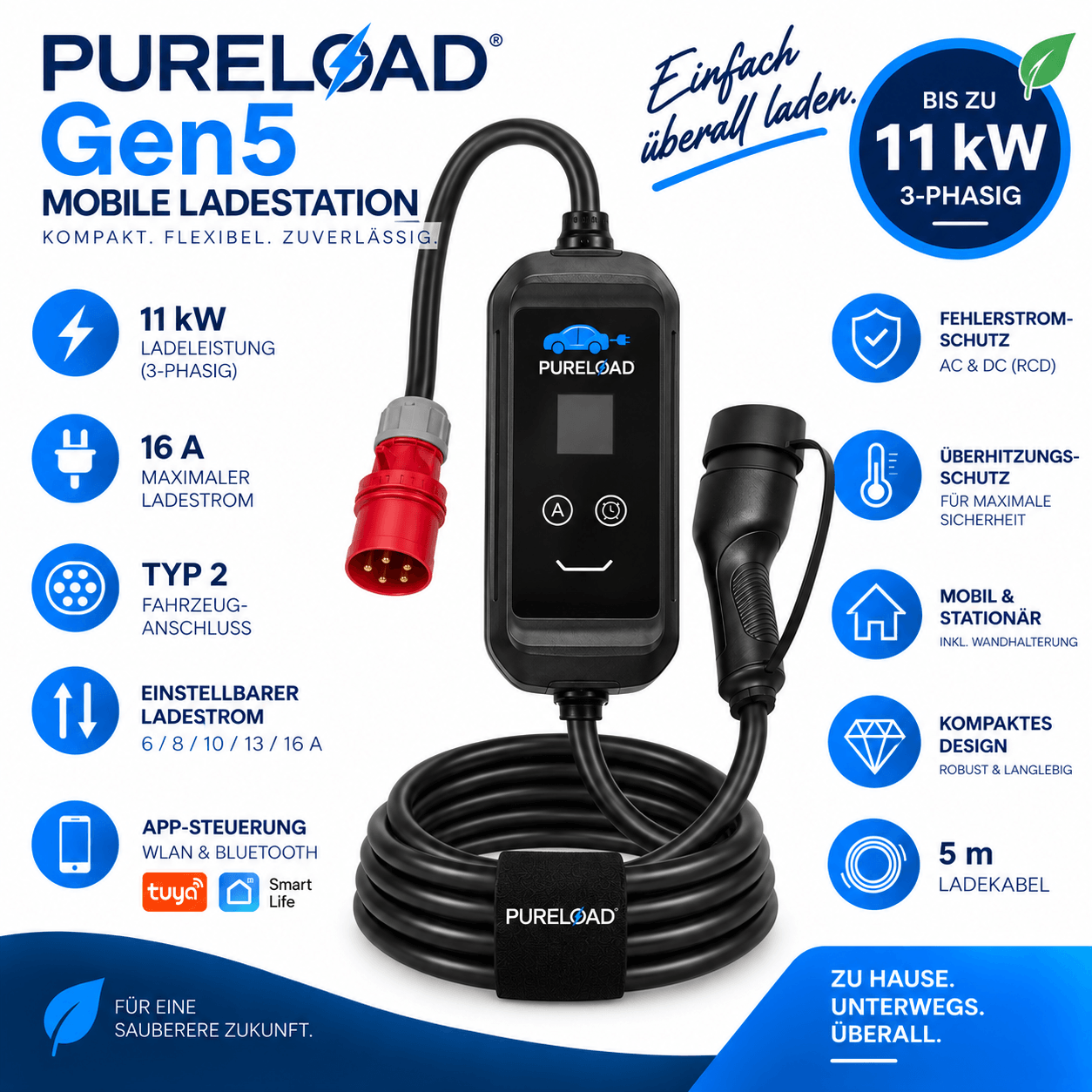 PURELOAD Gen5 | Mobile Ladestation | 16A 11kW 3Phasig | Typ2 | 5/7/10m Kabel | APP, WIFI