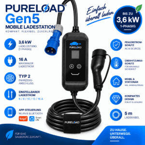 PURELOAD Gen5 | Mobile Ladestation | 16A 3,6kW 1Phasig | Typ2 | 5/7/10m Kabel | APP, WIFI