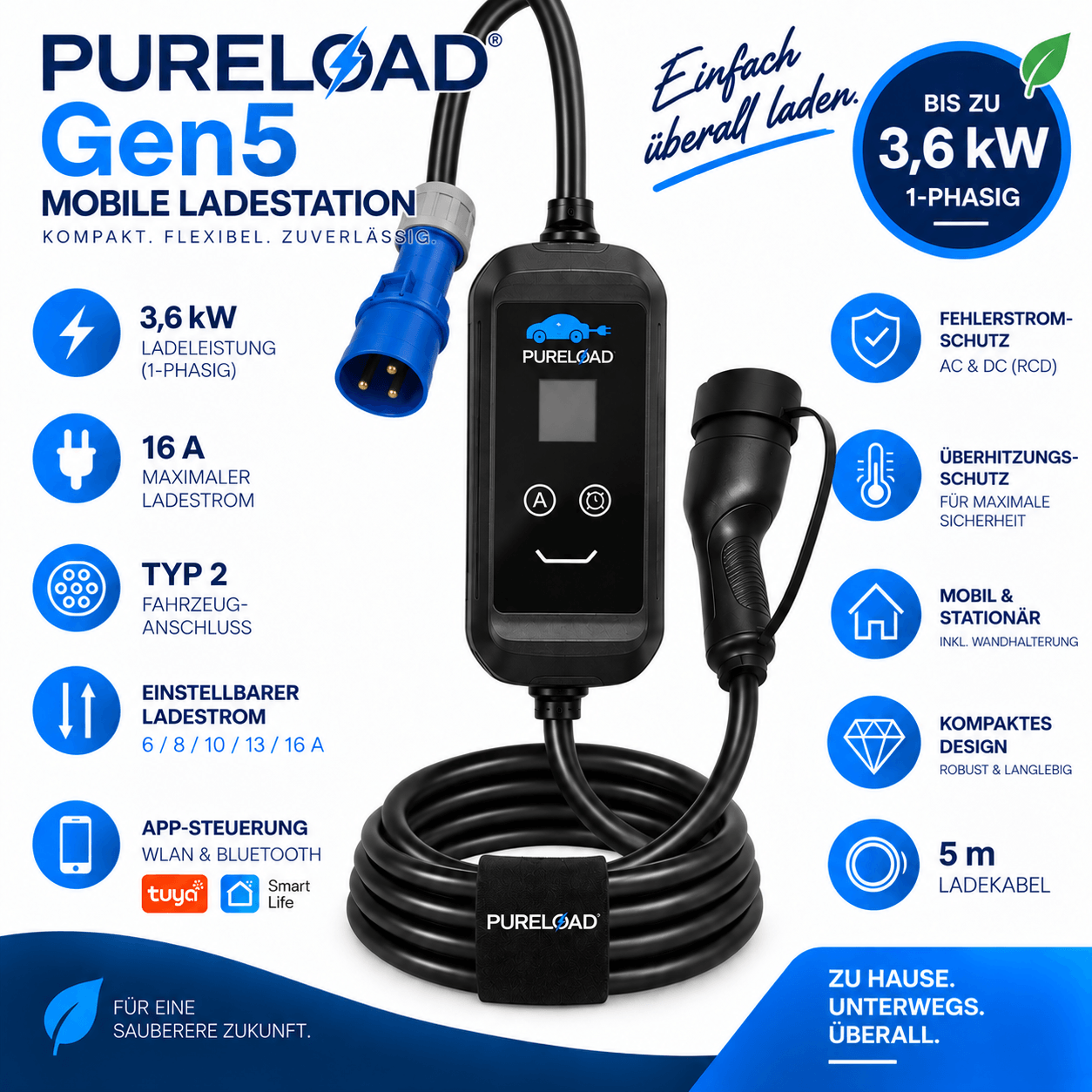 PURELOAD Gen5 | Mobile Ladestation | 16A 3,6kW 1Phasig | Typ2 | 5/7/10m Kabel | APP, WIFI