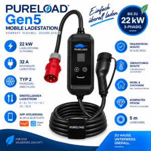 PURELOAD Gen5 | Mobile Ladestation | 32A 22kW 3Phasig | Typ2 | 5/7/10m Kabel | APP, WIFI
