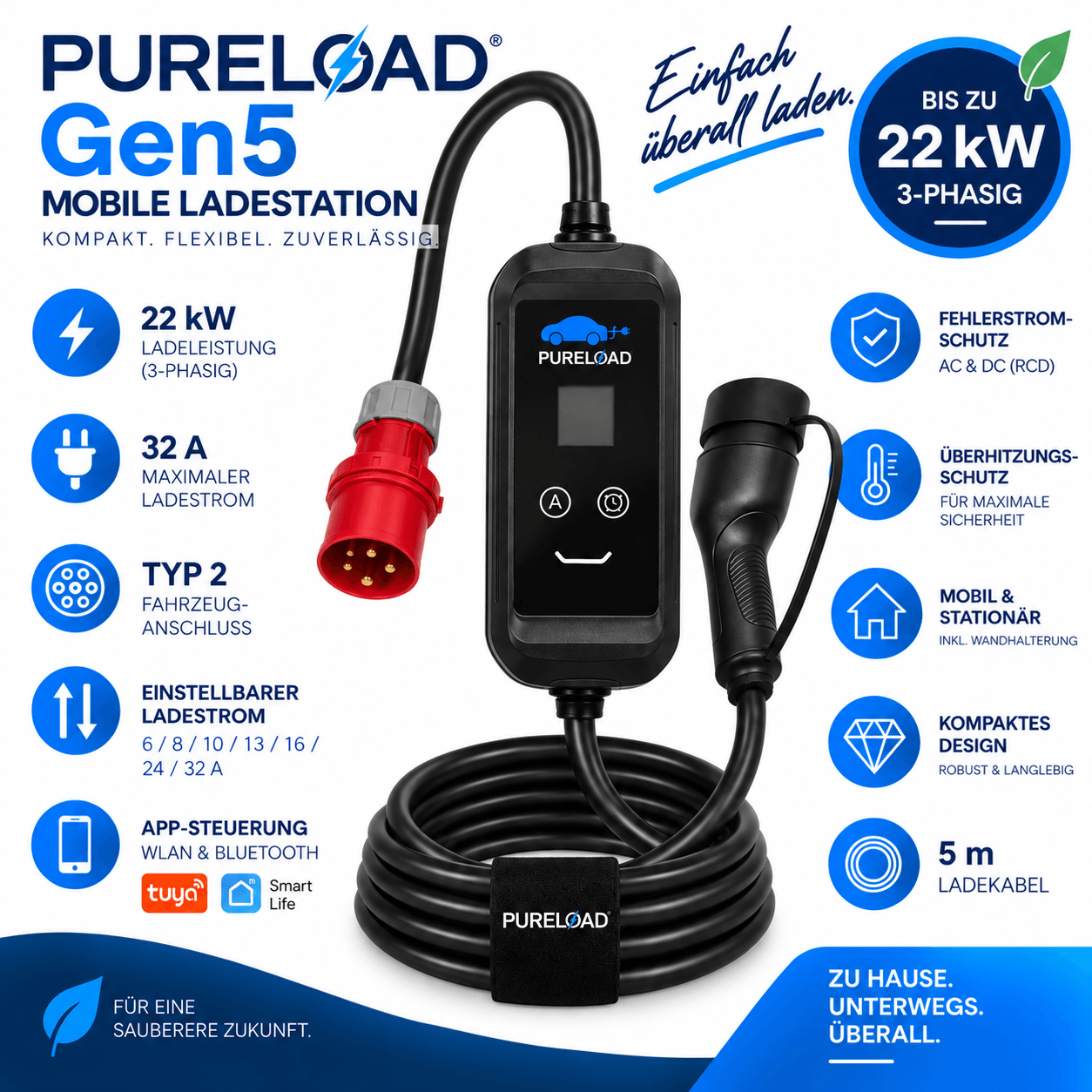 PURELOAD Gen5 | Mobile Ladestation | 32A 22kW 3Phasig | Typ2 | 5/7/10m Kabel | APP, WIFI