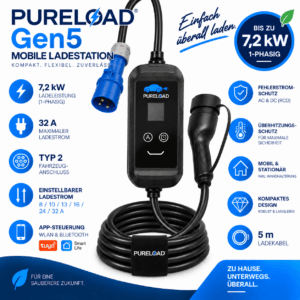 PURELOAD Gen5 | Mobile Ladestation | 32A 7,2kW 1Phasig | Typ2 | 5/7/10m Kabel | APP, WIFI
