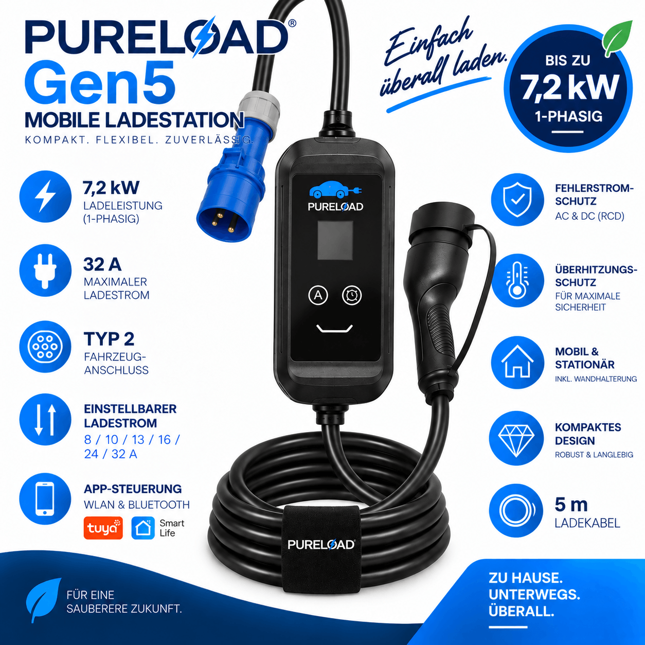 PURELOAD Gen5 | Mobile Ladestation | 32A 7,2kW 1Phasig | Typ2 | 5/7/10m Kabel | APP, WIFI