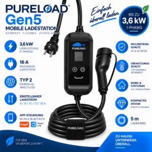 PURELOAD Gen5 | Mobile Ladestation | 16A 3,6kW 1Phasig | Typ2 | 5/7/10m Kabel | APP, WIFI