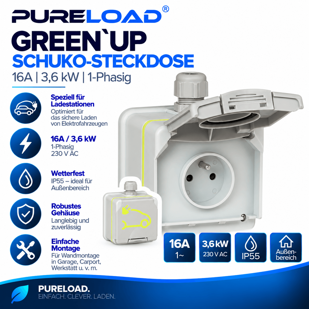 Green’Up Schutzkontaktsteckdose | 16A | 3,6kW | 1-Phasig | für mobile Ladestationen