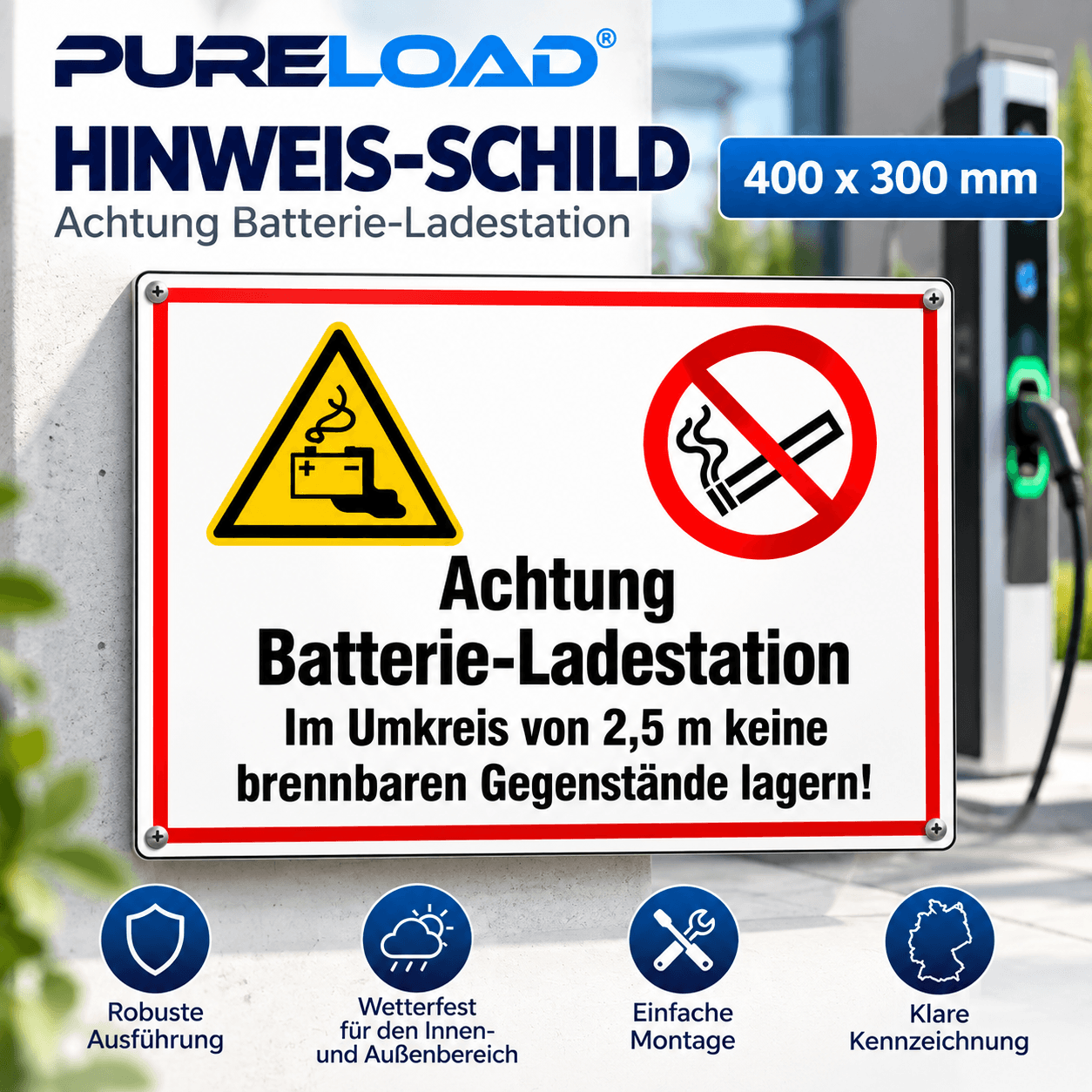 Hinweisschild | Achtung Batterie-Ladestation | 400 × 300mm | Innen & Außen