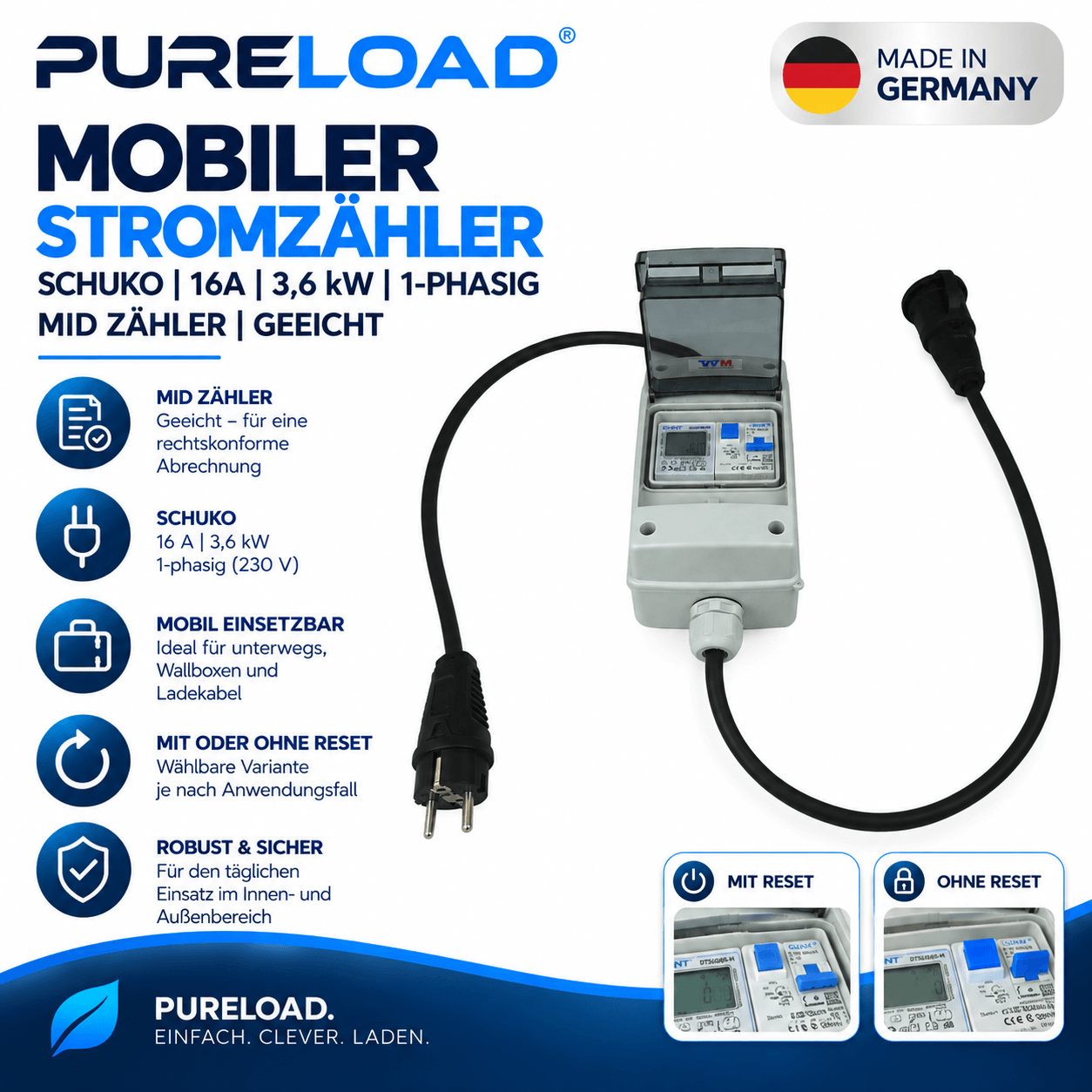 Mobiler Stromzähler | Schuko | 16A | 3,6kW | 1-Phasig | MID | Mit/Ohne Reset