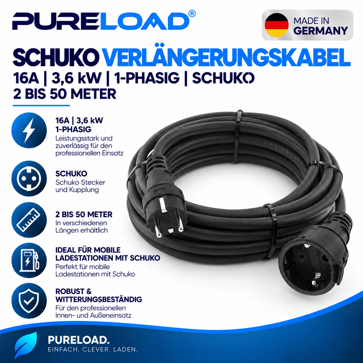 Schuko Verlängerungskabel | 16A | bis 3,6kW | 1-Phasig | 2–25 m