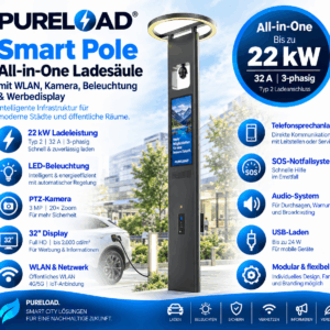 Smart Pole Ladesäule | 22 kW | All-in-One Lösung mit Display, Kamera, WLAN & Beleuchtung