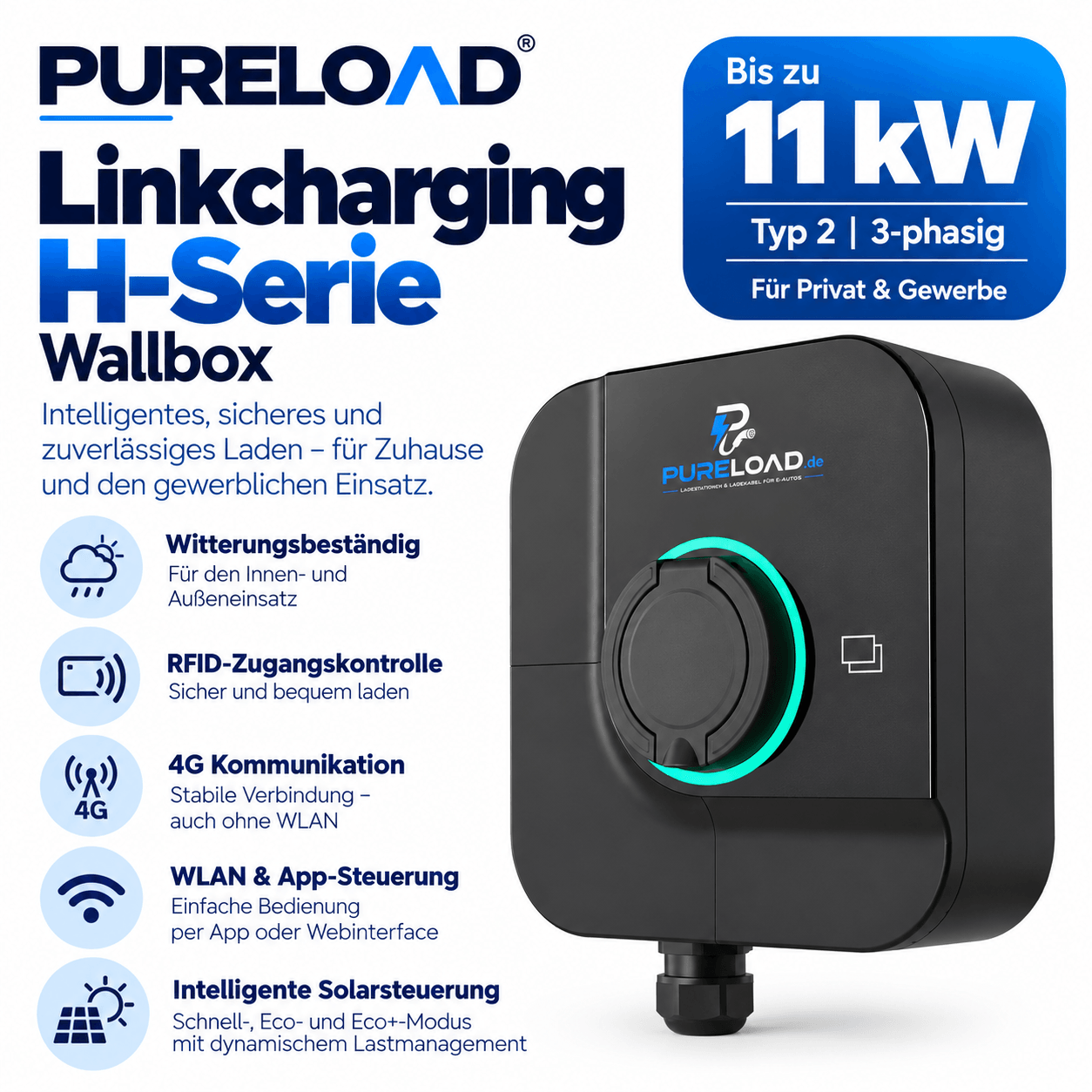 PURELOAD Smart | Wallbox | 11 kW | Typ 2 | WLAN, 4G, RFID & PV-Überschussladen