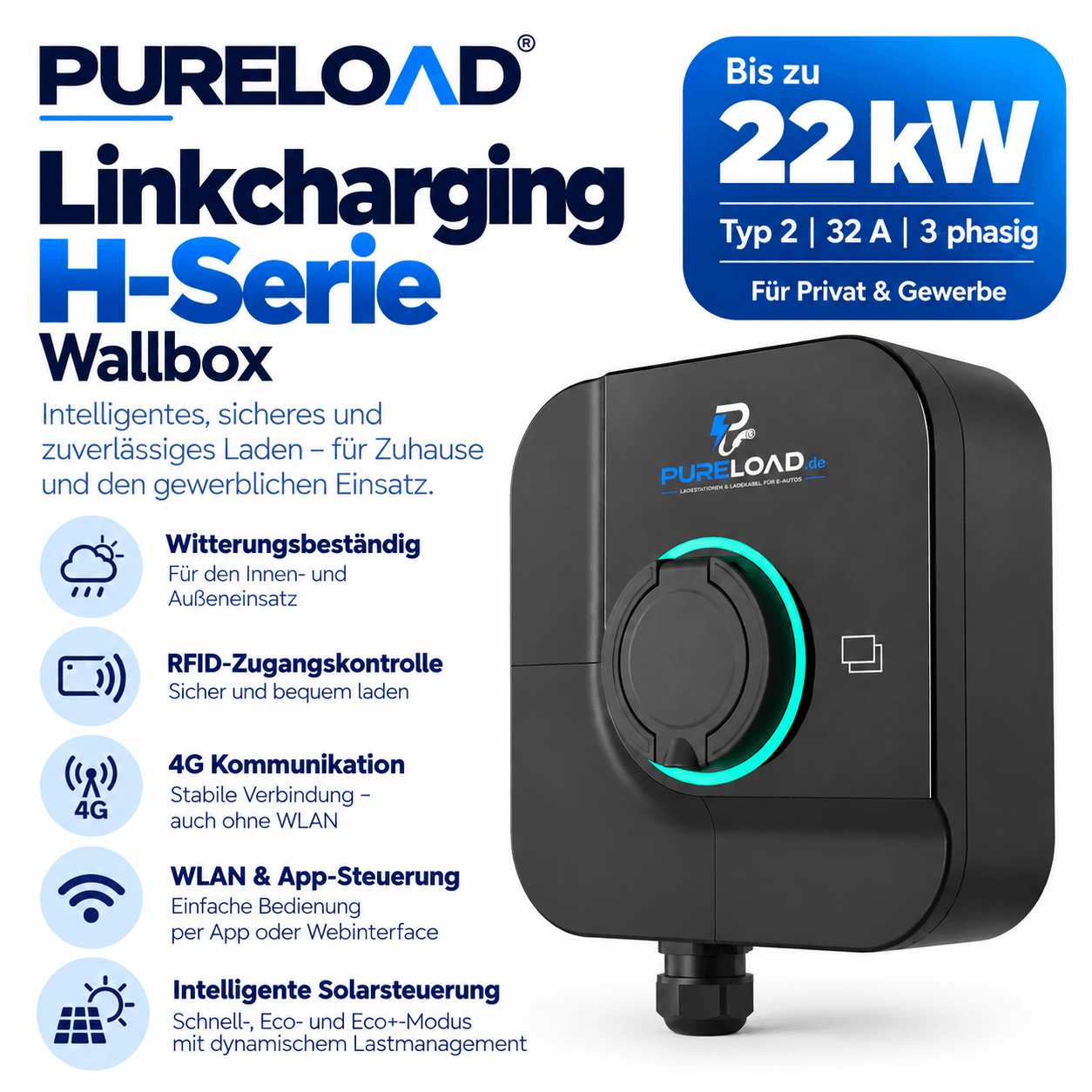 PURELOAD Smart | Wallbox | 22 kW | Typ 2 | WLAN, 4G, RFID & PV-Überschussladen