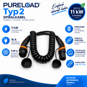 PURELOAD | Spiral-Ladekabel | 16A 11kW 3Phasig | Typ2