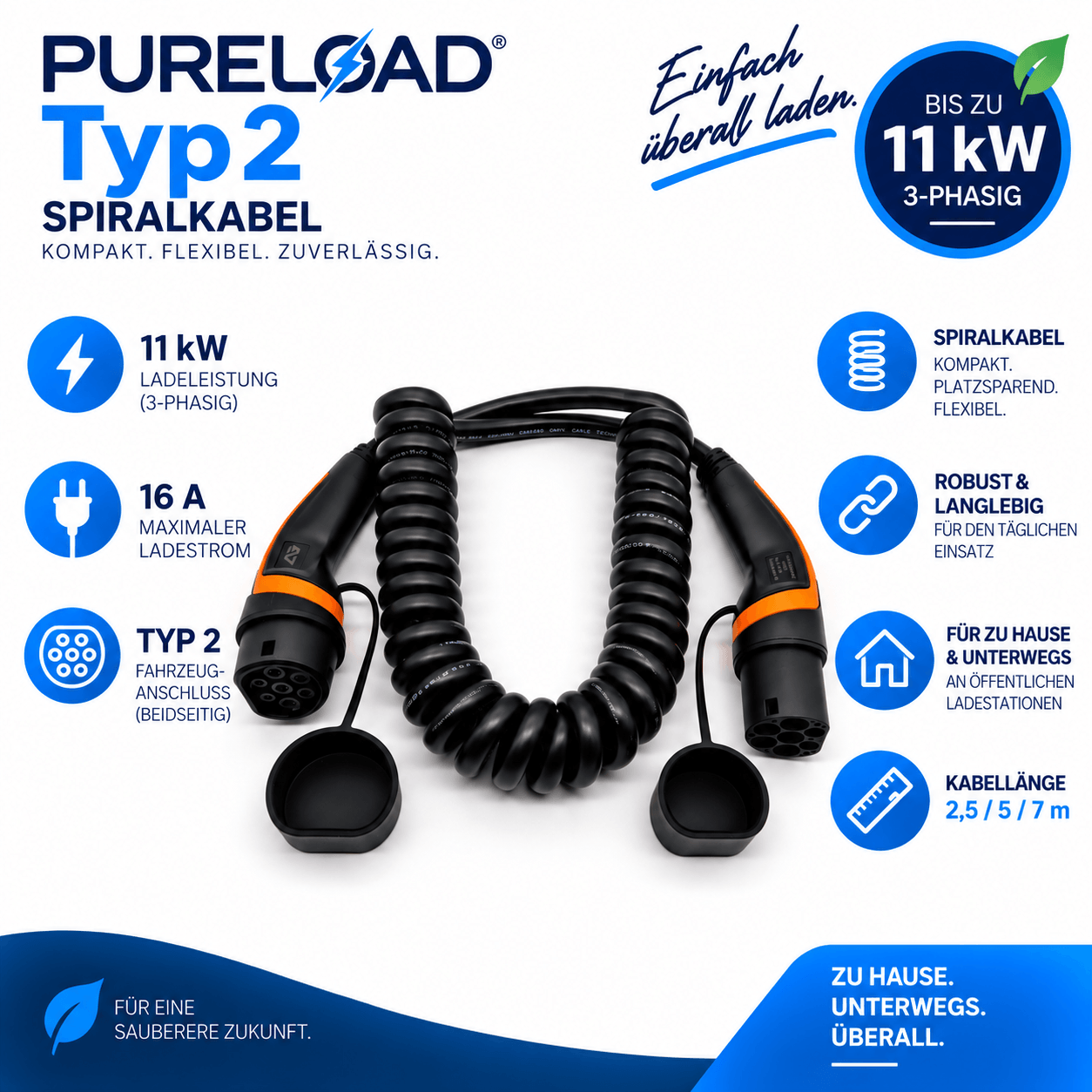 PURELOAD | Spiral-Ladekabel | 16A 11kW 3Phasig | Typ2