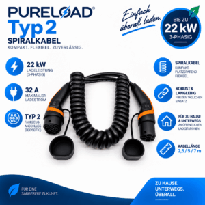 PURELOAD | Spiral-Ladekabel | 32A 22kW 3Phasig | Typ2