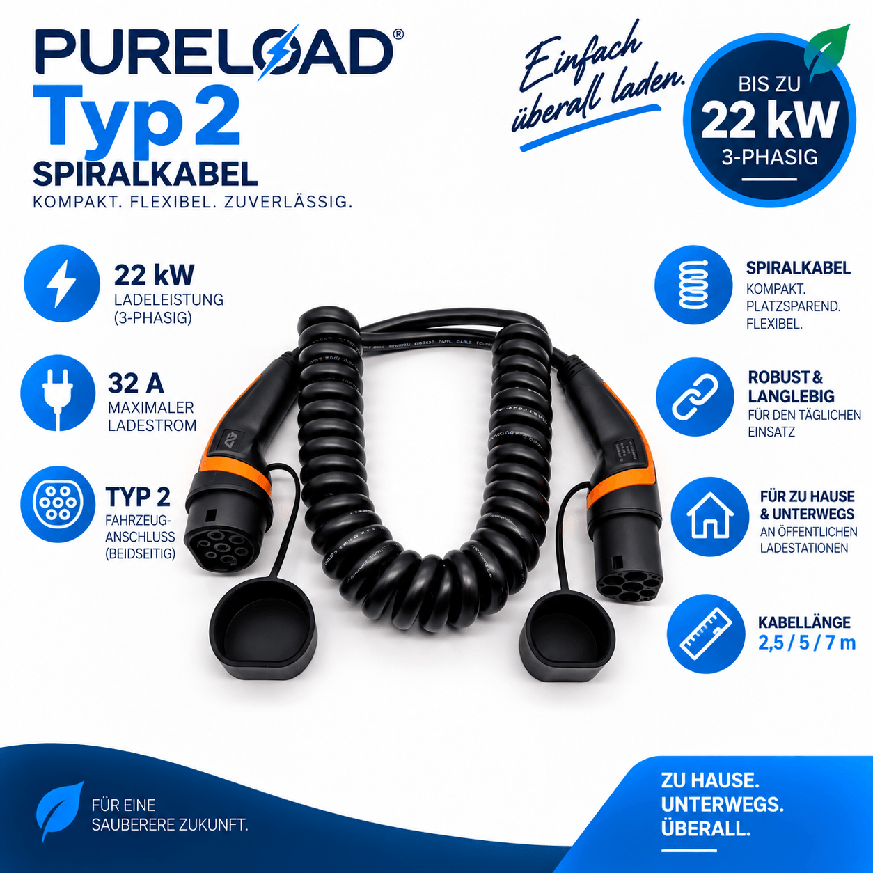 PURELOAD | Spiral-Ladekabel | 32A 22kW 3Phasig | Typ2