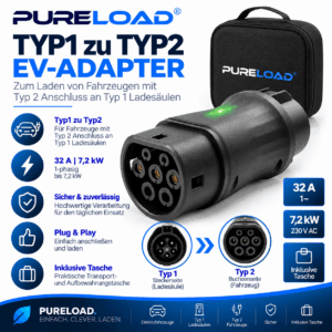Typ1 zu Typ2 EV-Adapter | 32A | 7,2kW | 1-Phasig | inkl. Transporttasche