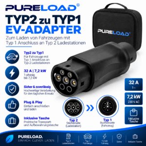 Typ2 zu Typ1 EV-Adapter | 32A | 7,2kW | 1-Phasig | inkl. Transporttasche
