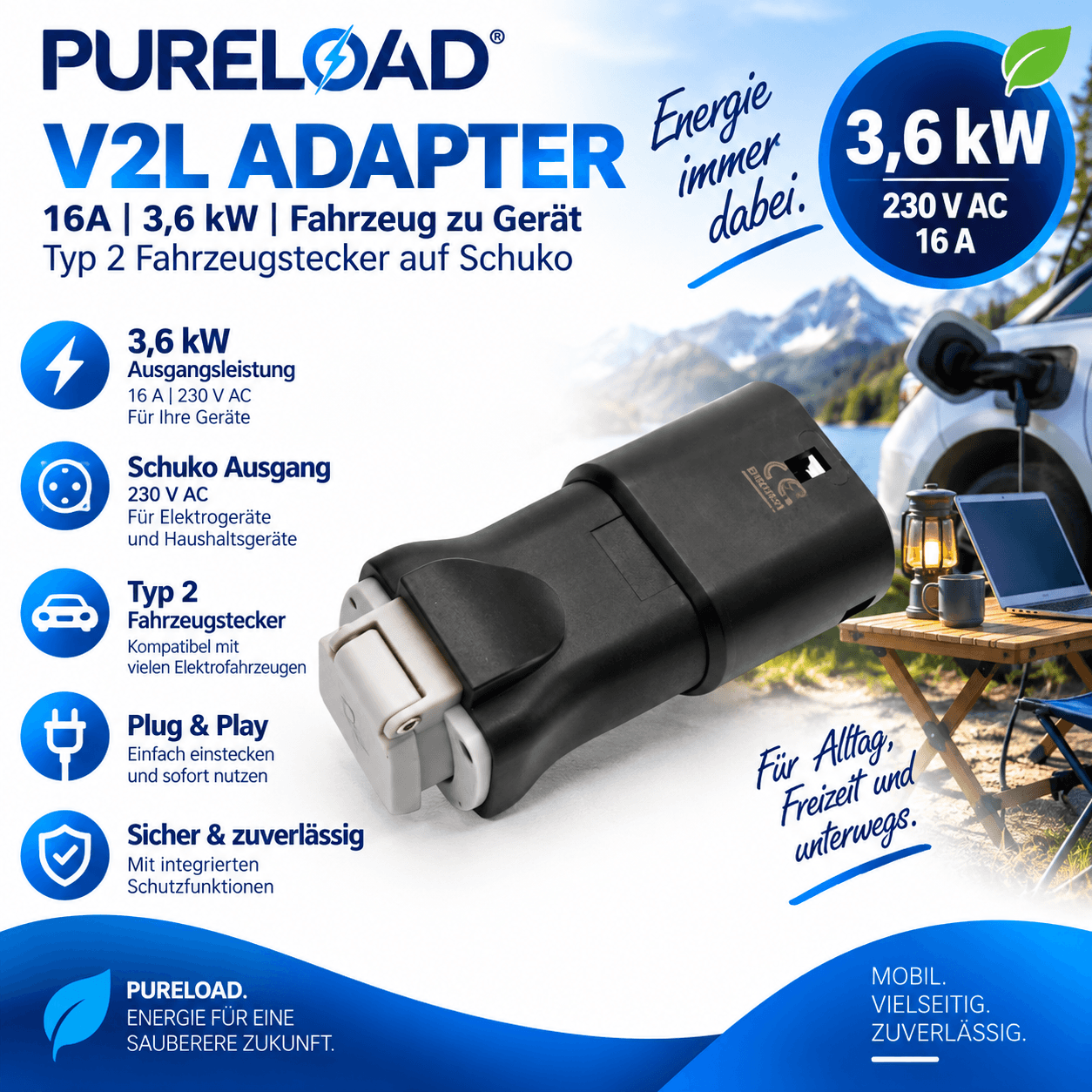 V2L Adapter | 16A 3,6kW | Schuko | Verschiedene Fahrzeughersteller